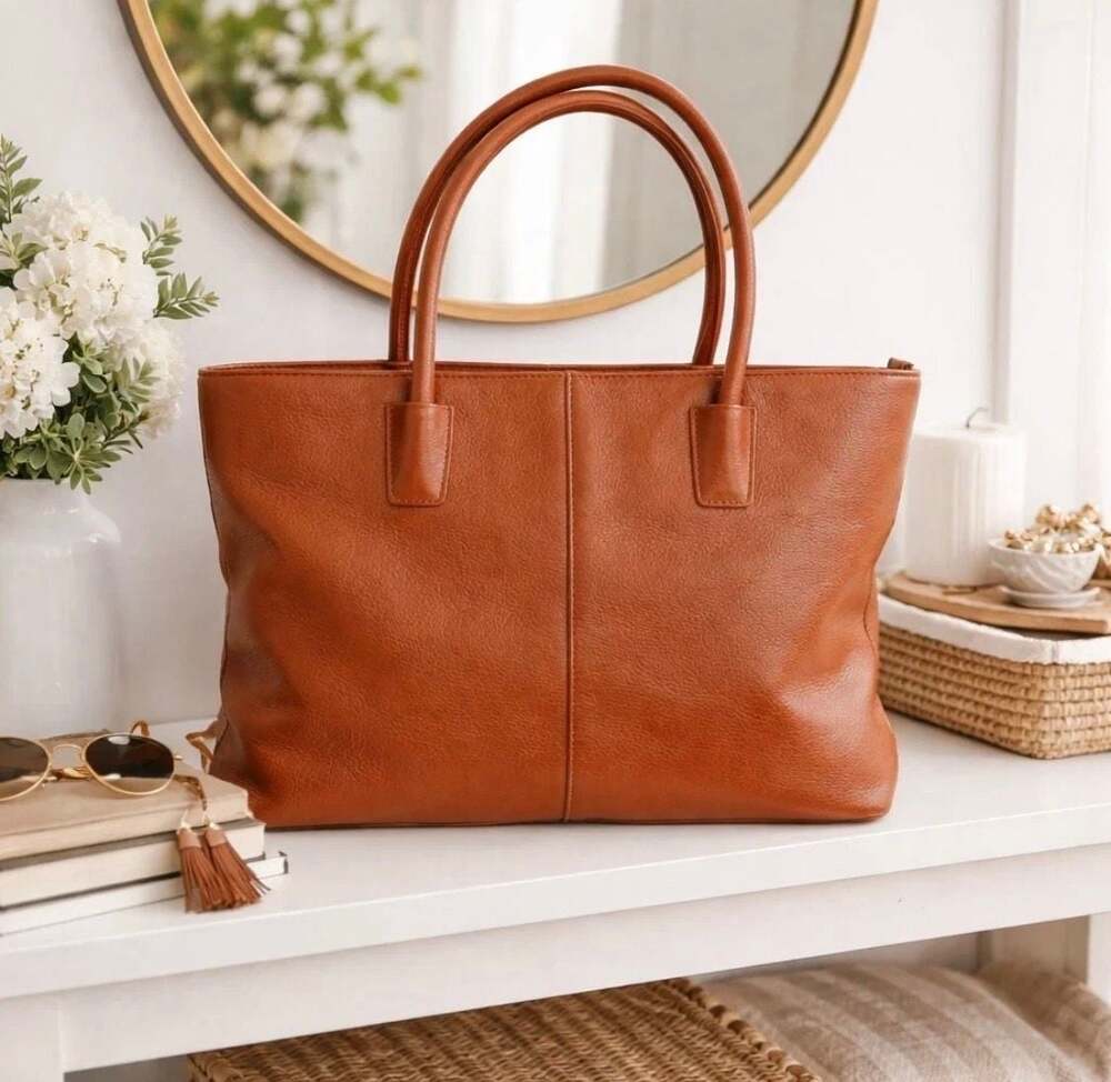 Onna Ehrlich Orange Brown Pebbled Leather Zipper Tote Handbag